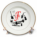3dRose Alexis Design - Monogram Music - Set of Musical Instruments. Black, red Notes. Forceful red Letter F - Plates
