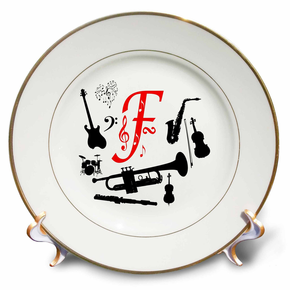 3dRose Alexis Design - Monogram Music - Set of Musical Instruments. Black, red Notes. Forceful red Letter F - Plates